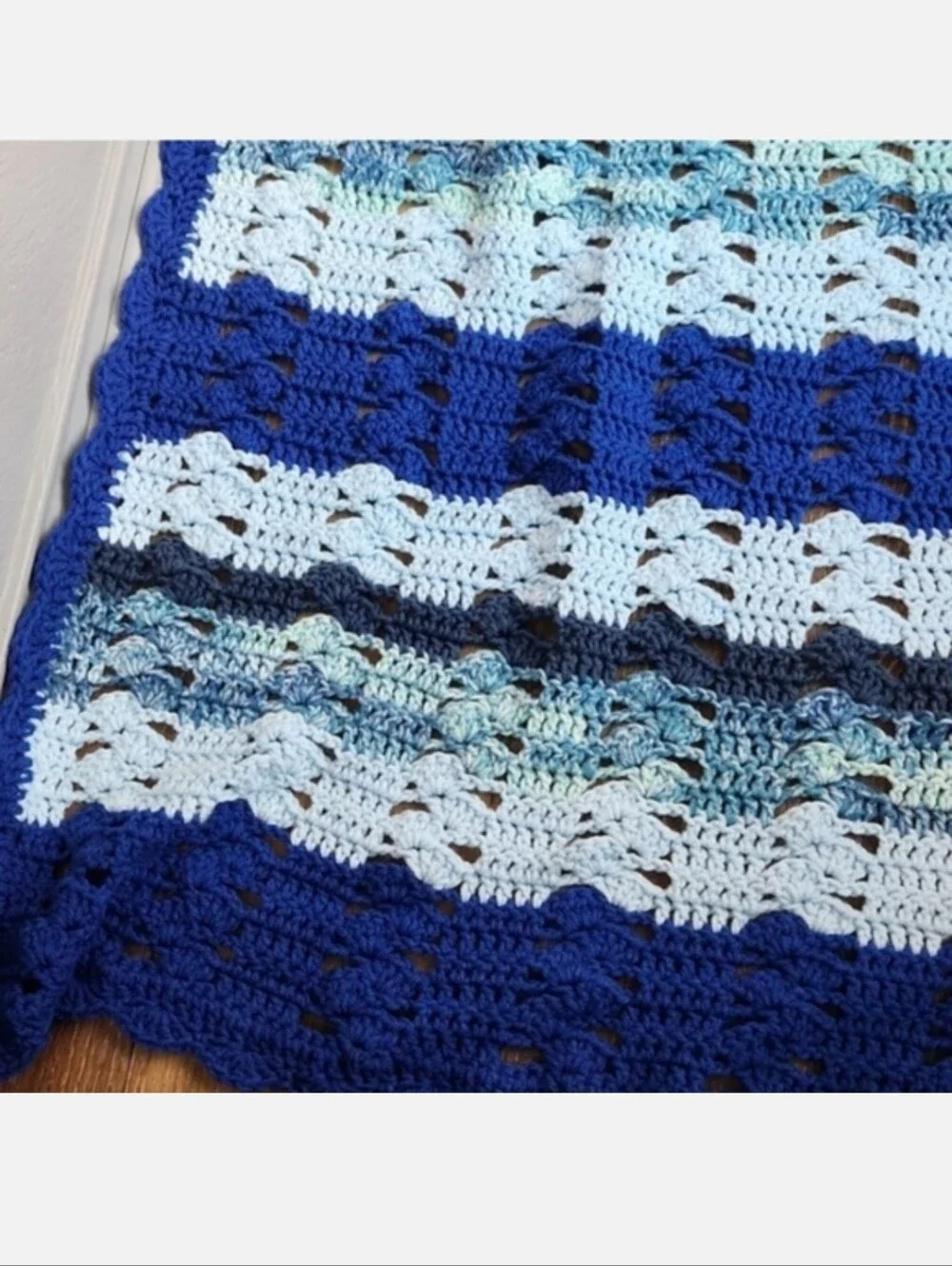 Knitted Crocheted Throw Blanket Blue Stripes